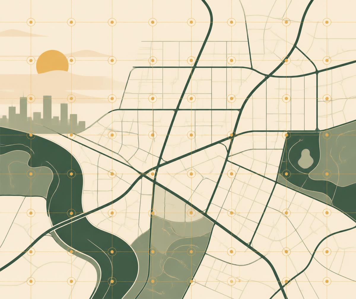 Illustrated city map grid with local search ranking points